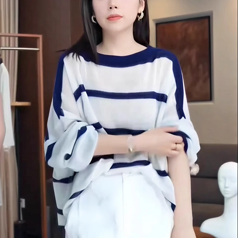 2025秋季新款时尚气质条纹撞色长袖针织衫女设计感小众宽松上衣潮