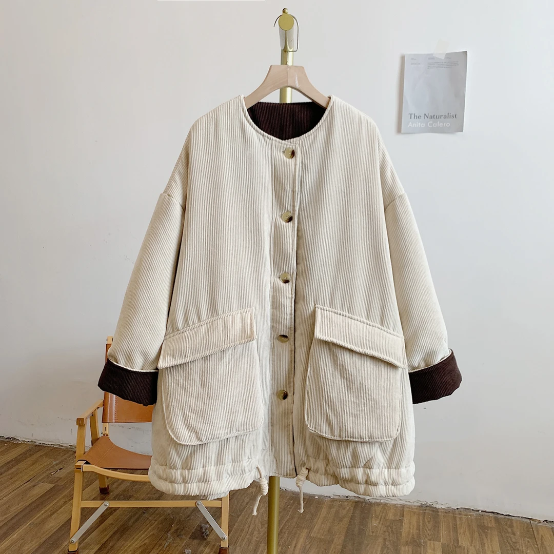 文艺女Y4012灯芯绒大口袋下摆抽绳圆领棉衣