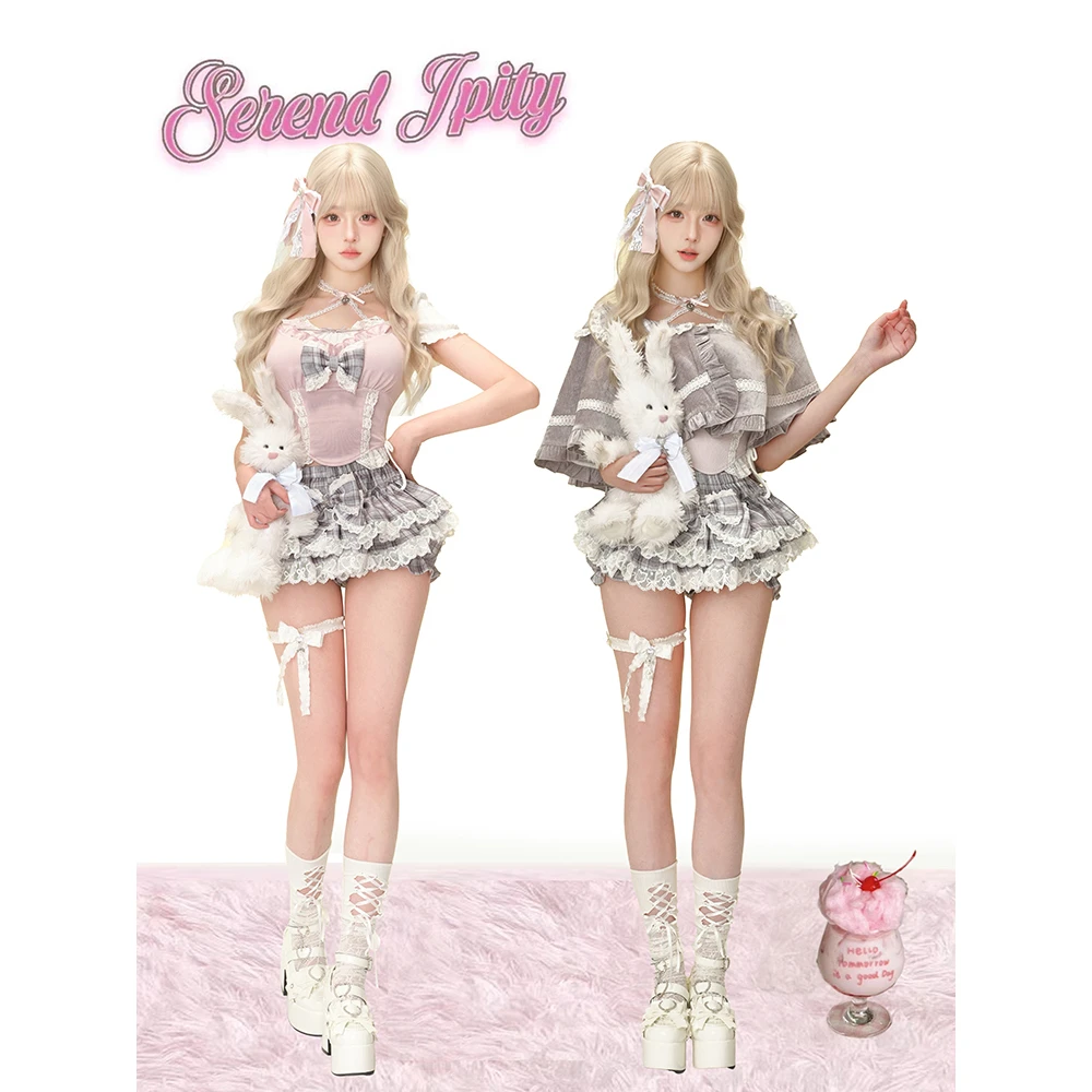 【清仓】 蔷薇梦境 粉色针织短袖+格纹蕾丝蛋糕裙+灰色披肩