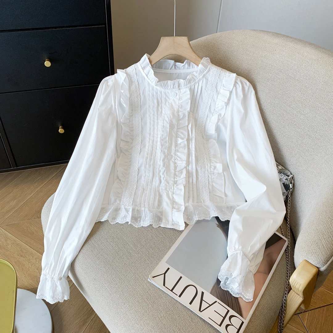实拍法式白色蕾丝木耳边衬衫女秋季别致压褶喇叭袖衬衣花边领上衣