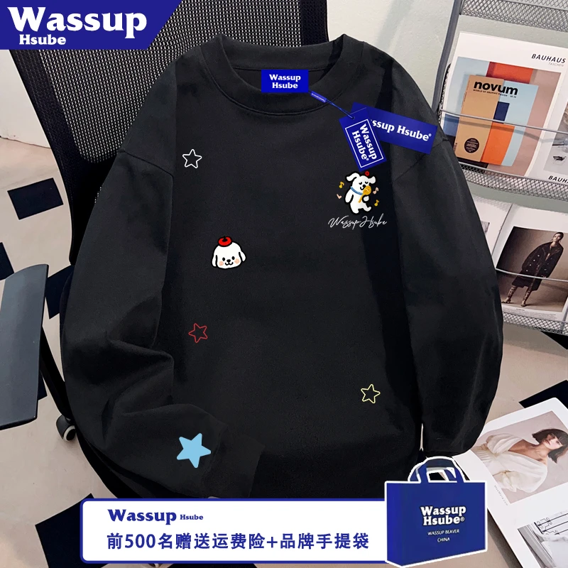 WASSUP HSUBE秋季小狗字母印花T恤国潮牌黑色上衣ins男女纯棉长袖