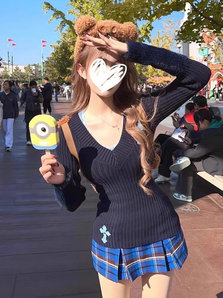 藏青色V领挂脖毛衣女秋冬美式辣妹修身内搭打底外穿长袖针织上衣