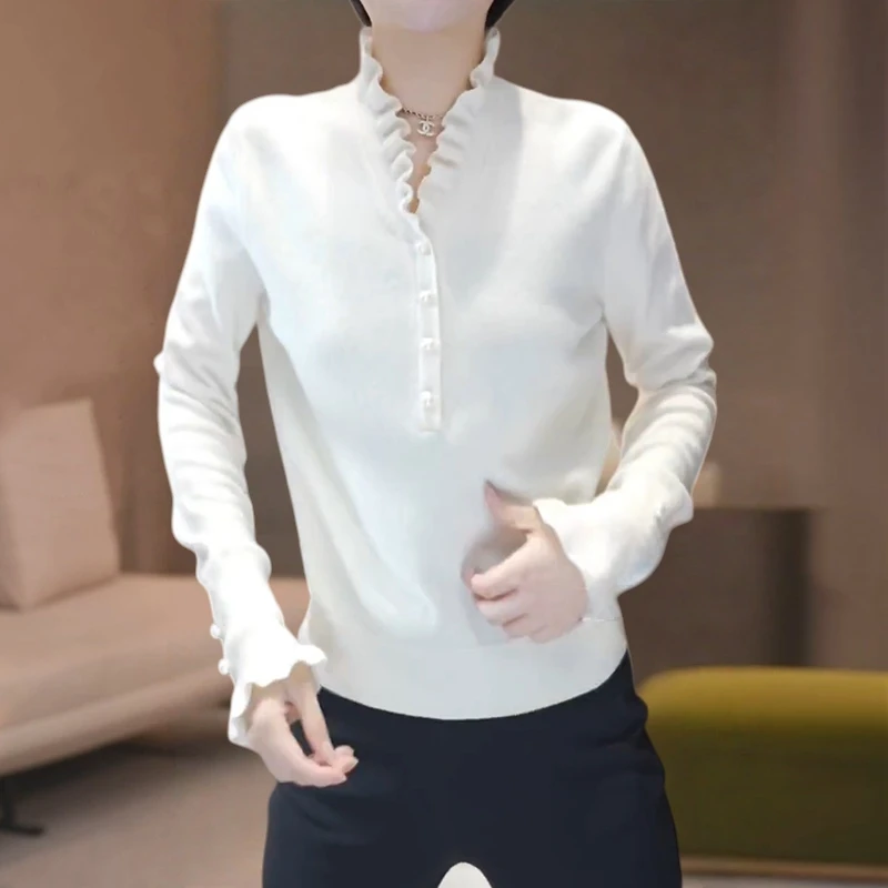 时髦木耳边设计感针织衫女小个子秋冬季洋气保暖长袖打底衫上衣潮