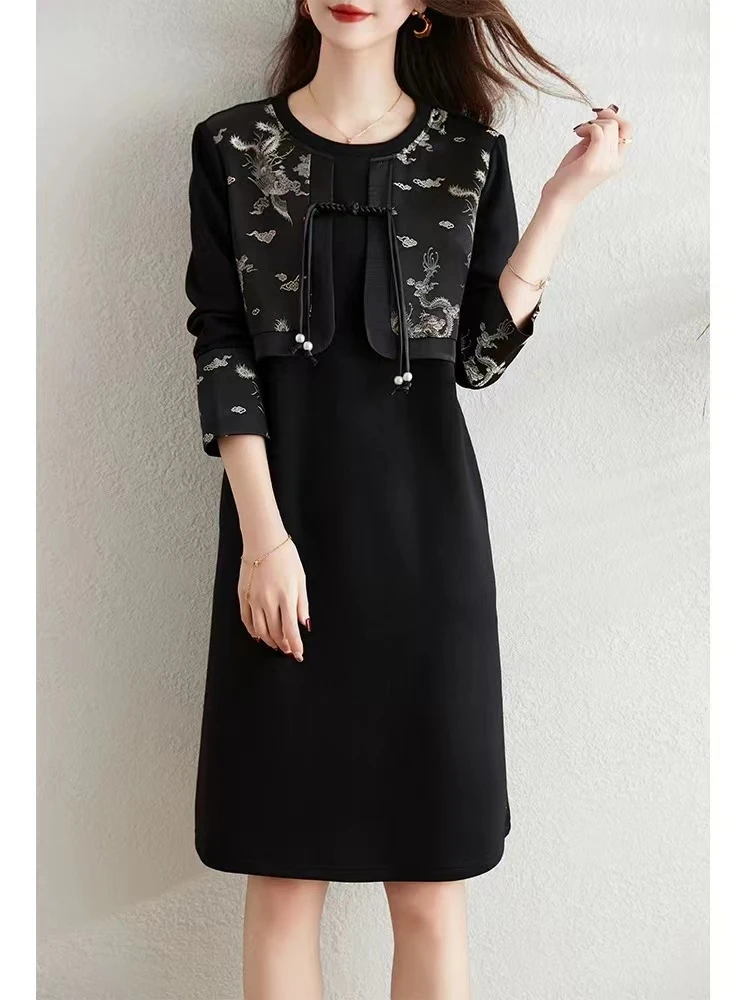 H3068长袖裙子显瘦气质针织时尚黑色拼接连衣裙H4