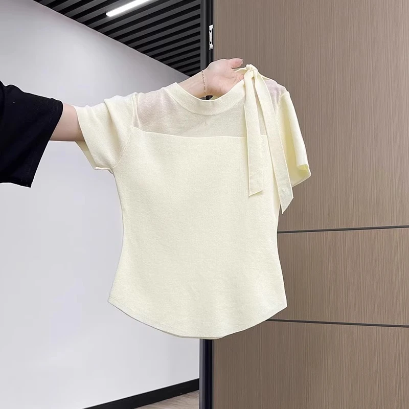 芯娇晴网纱圆领短袖针织衫女夏季蝴蝶结修身收腰显瘦T恤内搭上衣