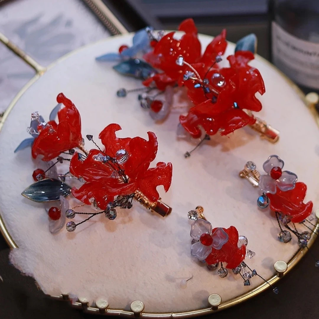 原创轻奢闪酒红滴胶玫瑰发夹耳环套装新娘敬酒服大气头饰晚宴配饰