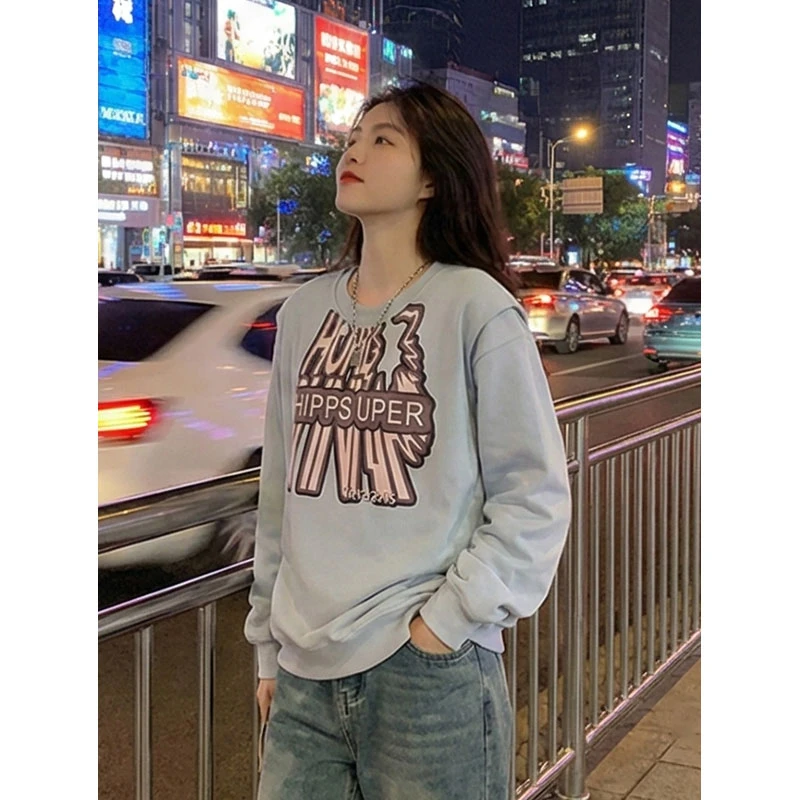 大码秋冬季叠穿圆领卫衣女美式chic复古宽松休闲甜酷情侣上衣外穿