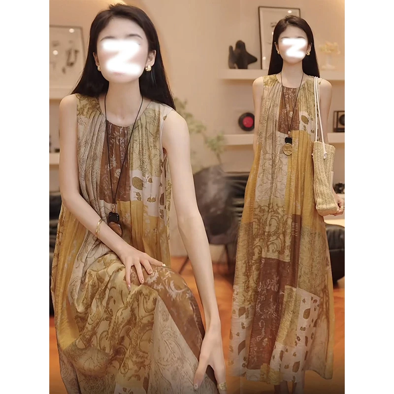 法式温柔印花a字连衣裙女2025夏季新款欧若风高腰显瘦无袖背心裙