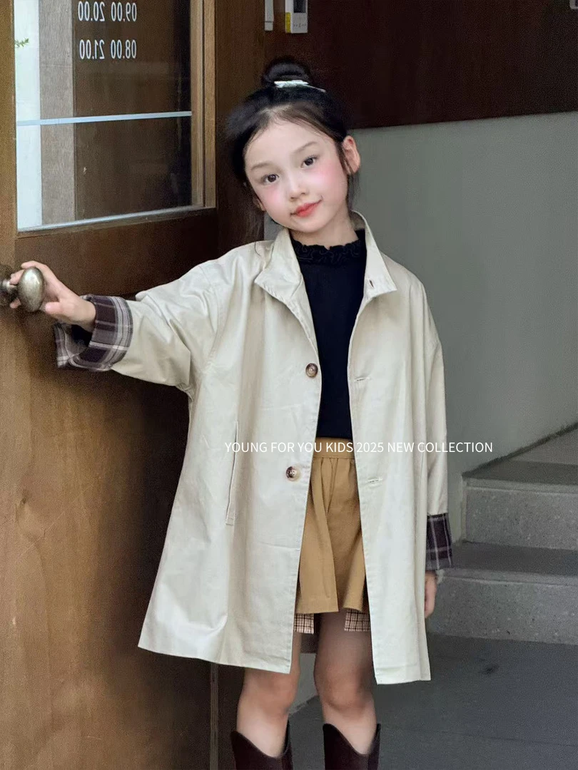 YFY女童秋立领英伦风中长款风衣女宝幼儿园外套学院风上衣休闲
