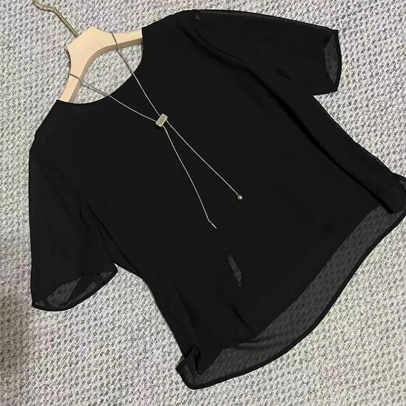 2025夏季爆款设计师中袖显瘦圆领套头百搭薄款蕾丝黑纱女士打底衫