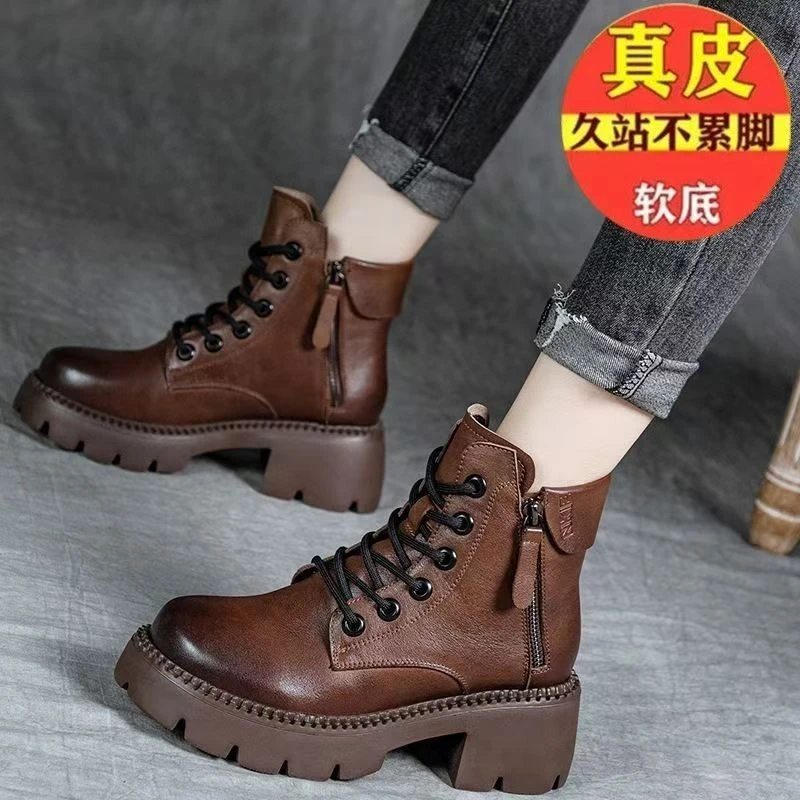 女款皮鞋新款正宗复古小个子厚底增高短筒靴秋冬修身显廋廋靴子