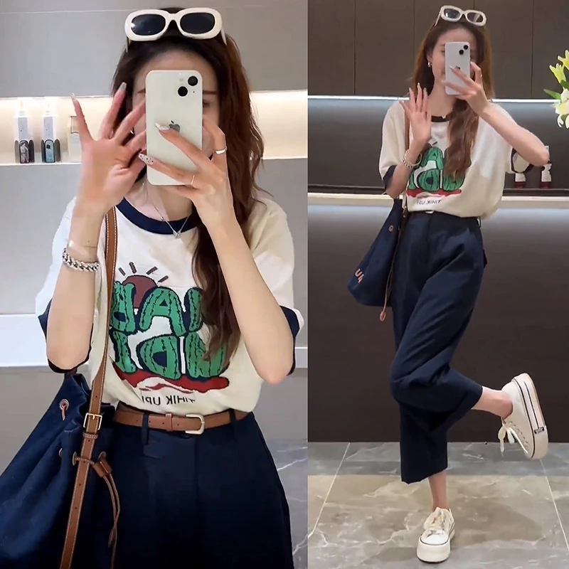 欧货圆领撞色短袖T恤女2025新款爆款夏季甜辣小上衣修身显瘦小衫