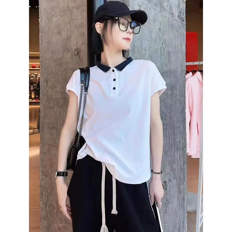 纯色ins短袖套装翻领T恤直筒型