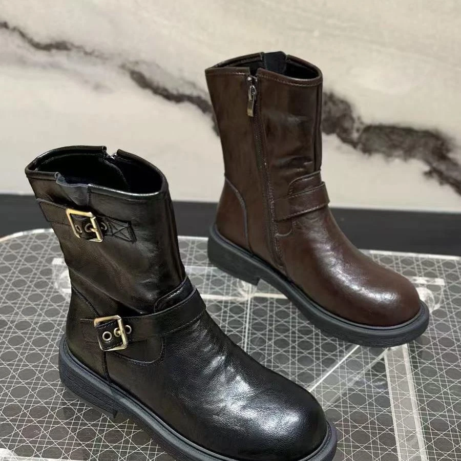 新款方头粗跟舒适厚底不累脚百搭款女靴107-2B