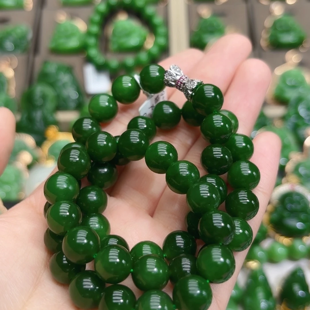 和田玉（碧玉）未镶嵌项链卡十菠菜绿项链