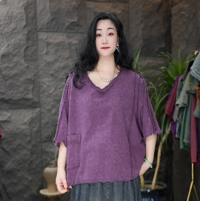 AA夏季新款砂洗炒色棉质毛边上衣女