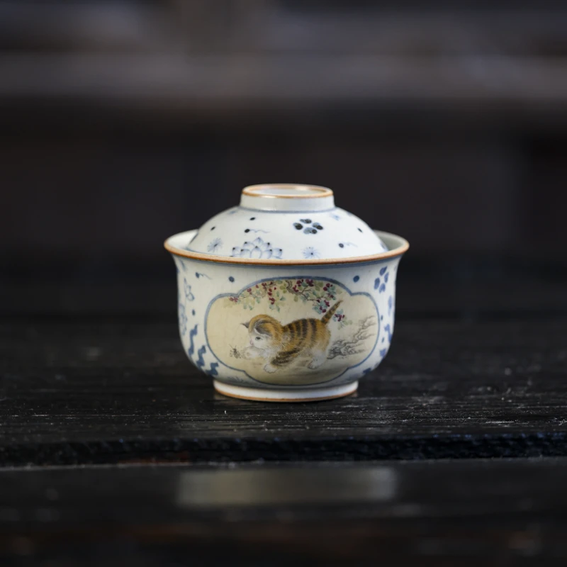 【小田甄陶】猫咪抓虫莲花-朴云堂-元宝盖碗150ML（朴碗0195）