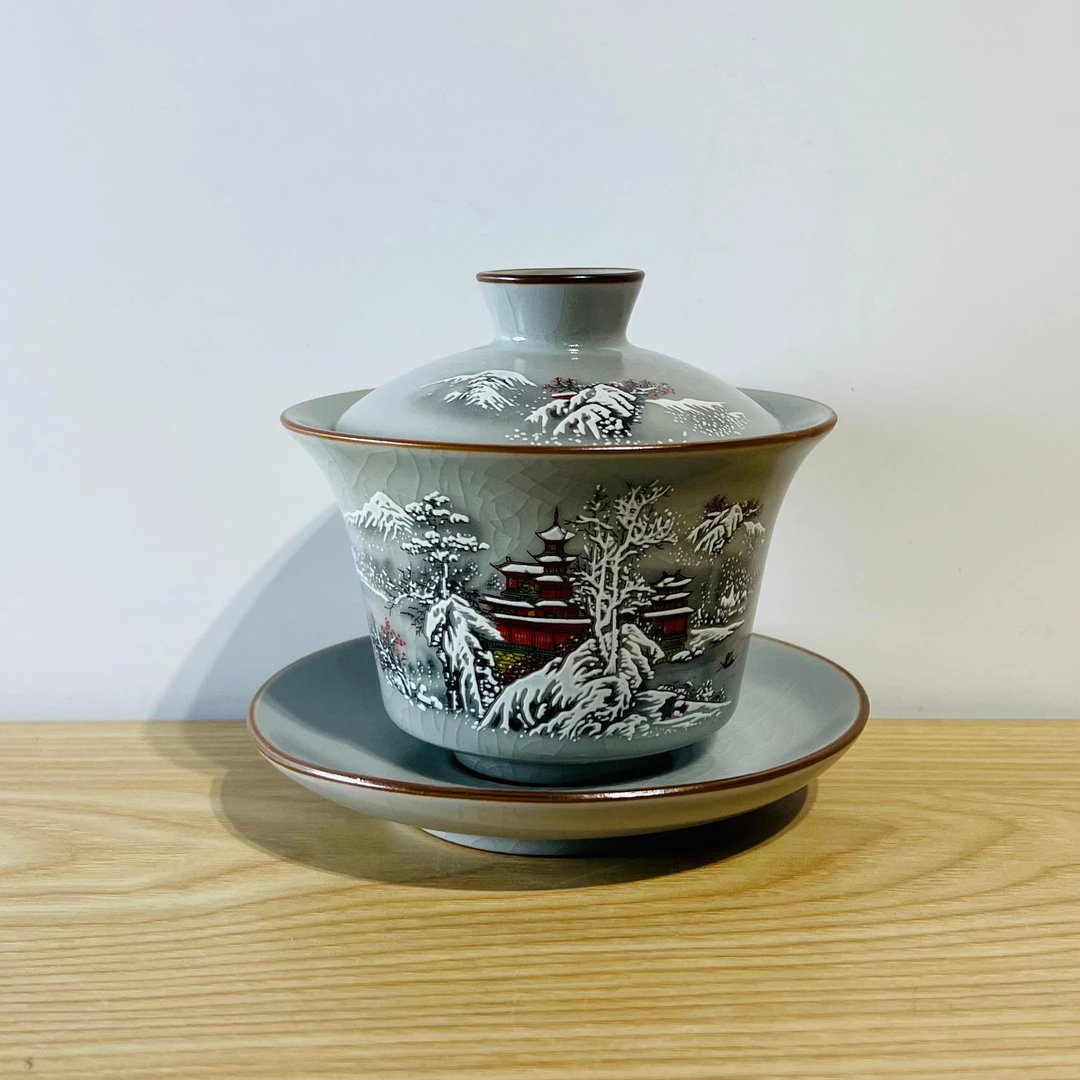 吾游茶器红色宋语夜光汝窑瑞雪悬停三才盖碗家用茶具盖碗