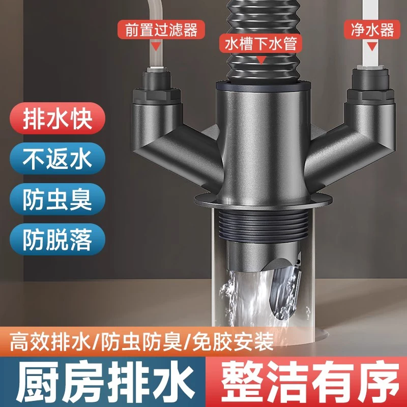 厨房下水三通洗菜盆水槽排水管防臭神器多功能接头5075通用分流器