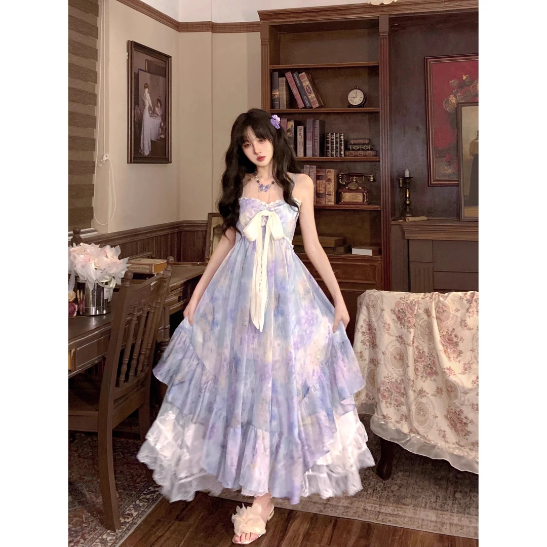 莫奈花园 法式复古紫色温柔风拼接吊带连衣裙+半身裙开衫三件套
