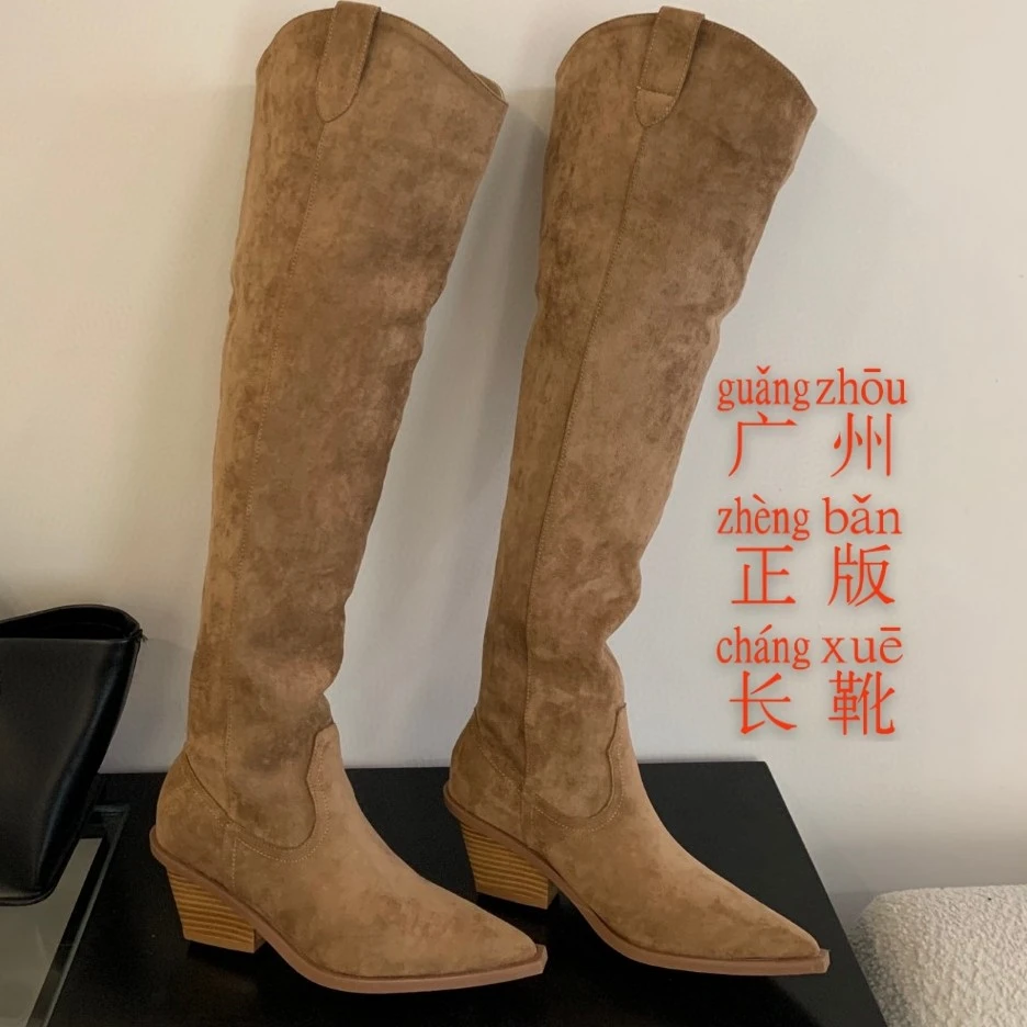 广州正版网红长靴棕色长筒弹力尖头过膝复古骑士高跟瘦瘦靴秋冬
