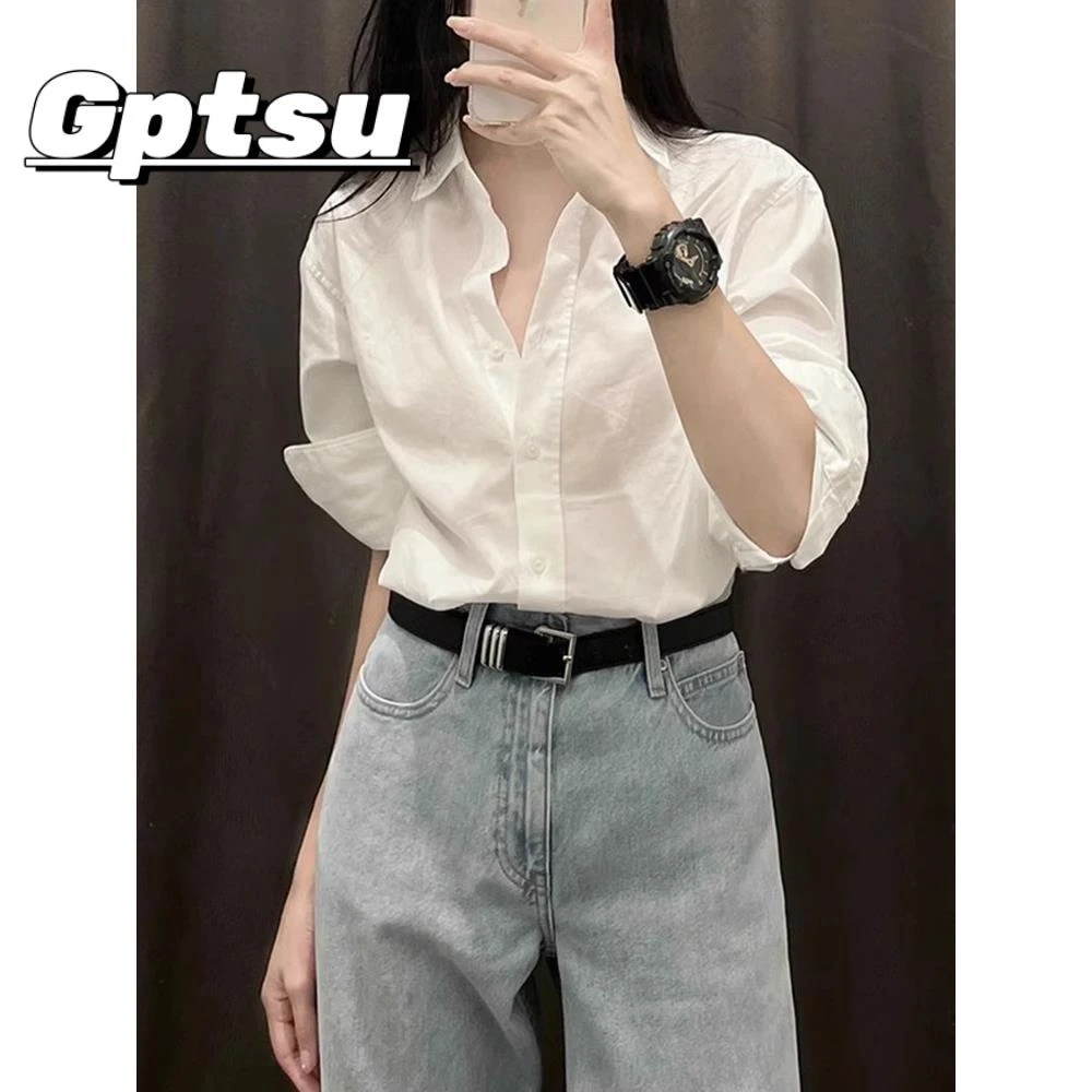 GPTSu2025年新款女白色衬衫小个子高级感宽松休闲百搭打底上衣女