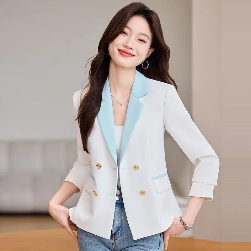 白色小西装外套春秋今年流行小个子韩版时尚气质撞色拼接西服上衣