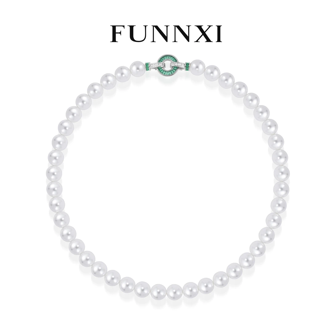 FUNNXI 铜合金仿珍珠项链 【绿光】 10mm白色经典珠珠项链