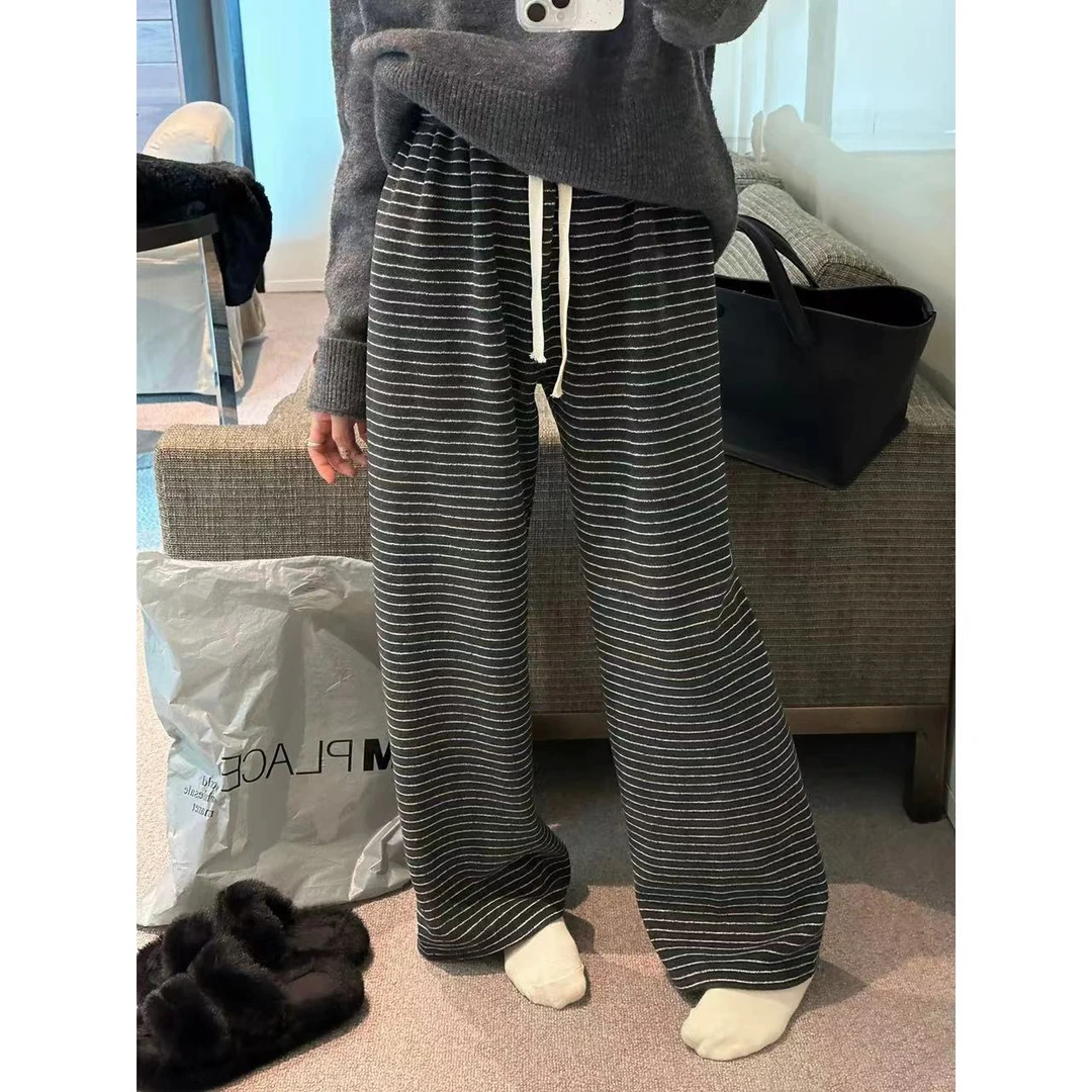 邹先森9501-28冬季条纹松紧腰休闲裤垂感百搭运动