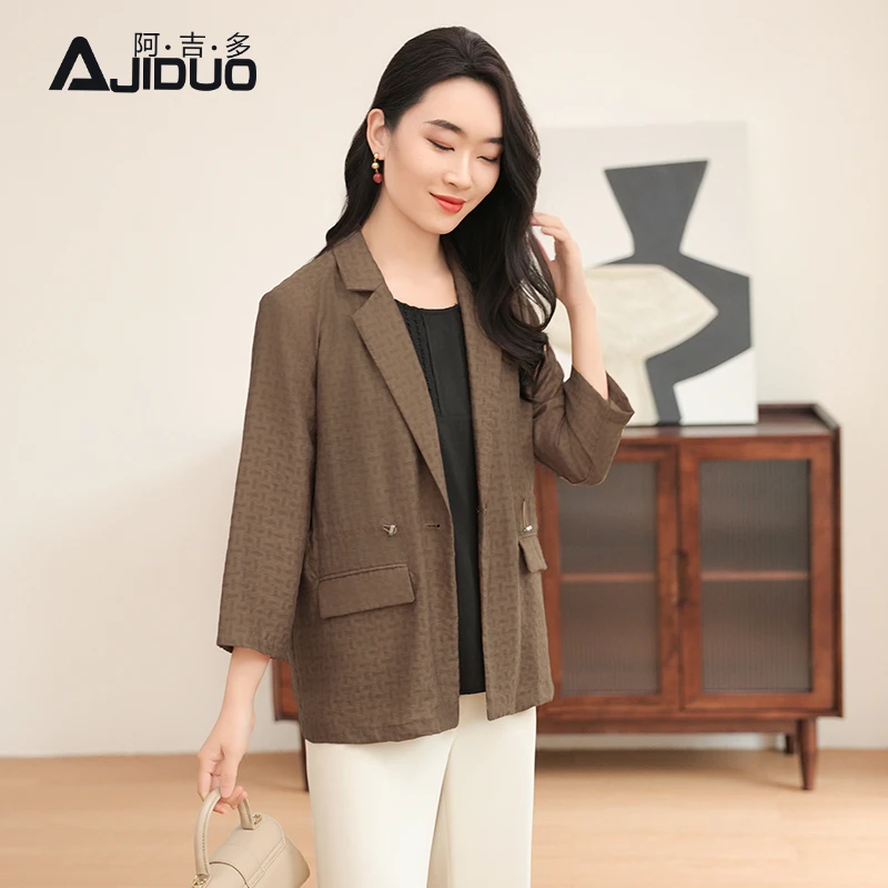 阿吉多A31501七分袖提花西装外套女夏季收腰西服高级通勤上衣