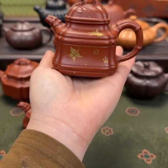 茶壶紫砂四方隐角竹鼎画蝴蝶