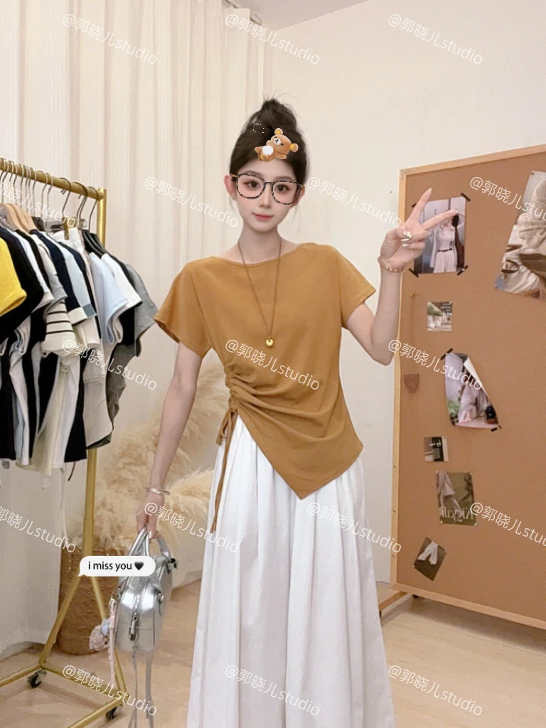 斜领掐腰短袖T恤女装2025夏季新款抽绳韩系收腰显瘦露肩上衣6107