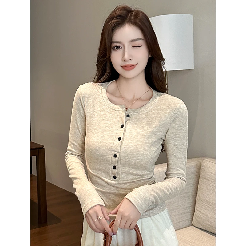 2025早春新款正肩长袖T恤女内搭纽扣半开领磨毛修身加绒打底衫