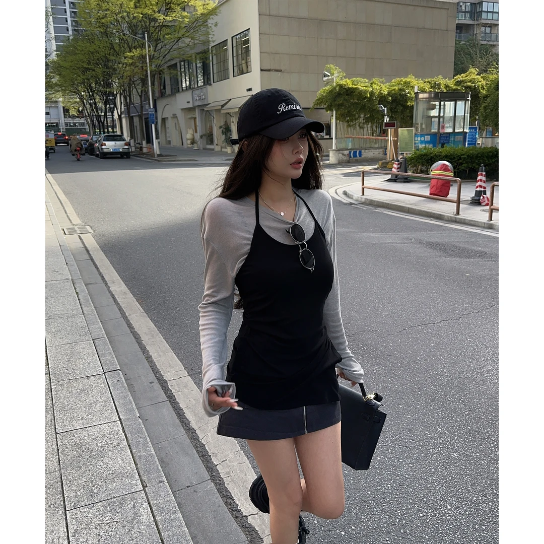 21DEGREES【叠穿天花板】宽松防晒t斜角挂脖吊带深灰色口袋拉链裙裤