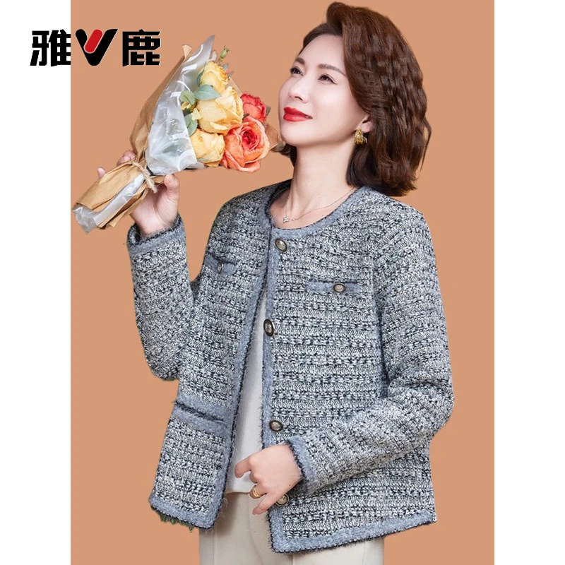 雅鹿优选小香风妈妈春秋毛呢外套2025新款中老年女小个子短款呢子