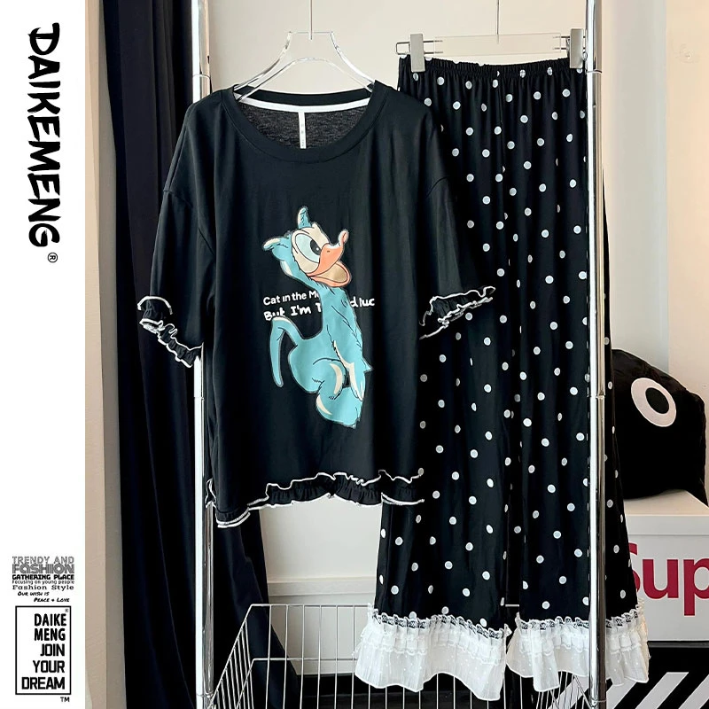 韩版卡通唐老鸭甜美花边短袖长裤可外穿家居服休闲夏季薄款睡衣女