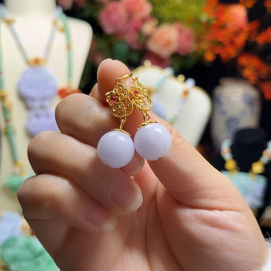 翡翠颈饰银S925镀金镶嵌紫翡耳坠