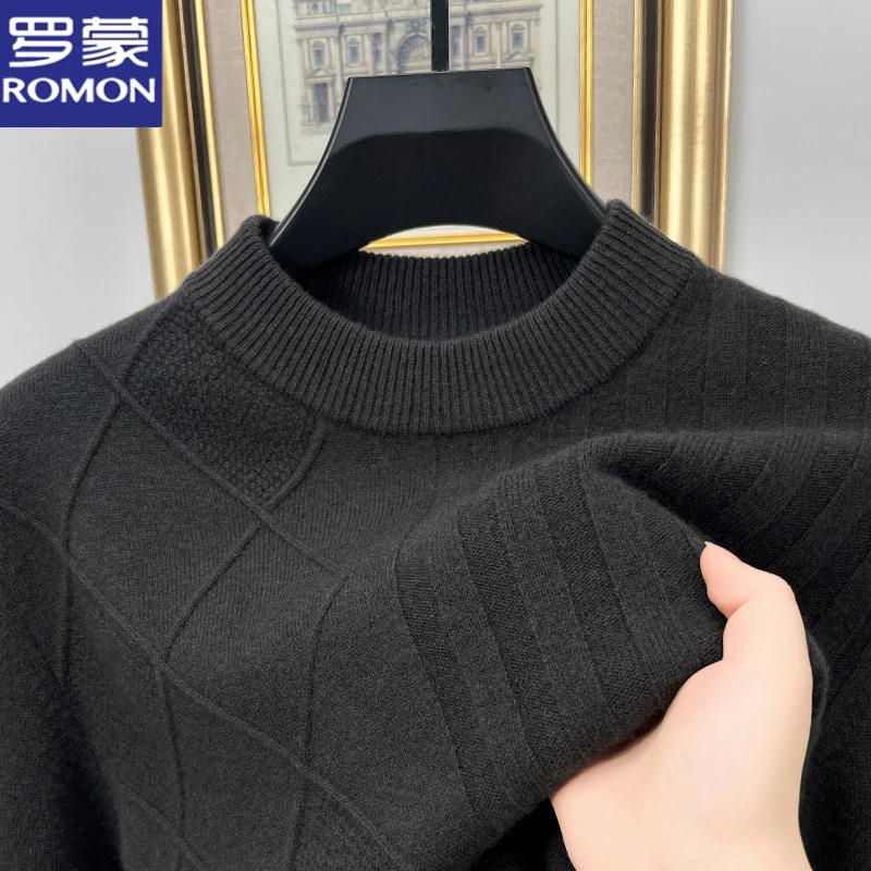 罗蒙纯羊毛衫男士半高领毛衣冬季保暖纯色套头亲肤提花针织打底衫