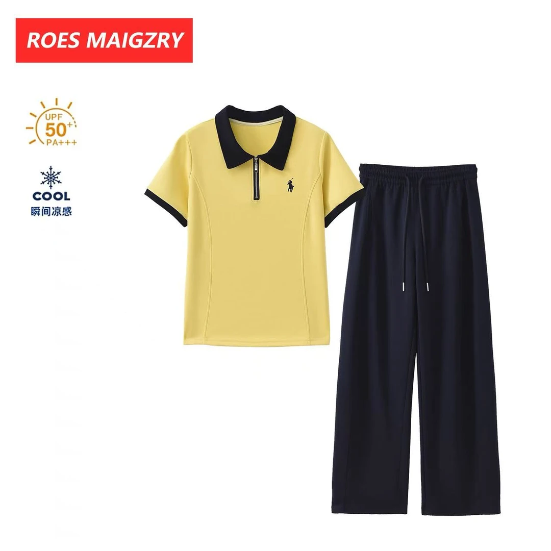 夏季新款爆款战马翻领半拉链套装长裤直筒裤宽松显瘦休闲