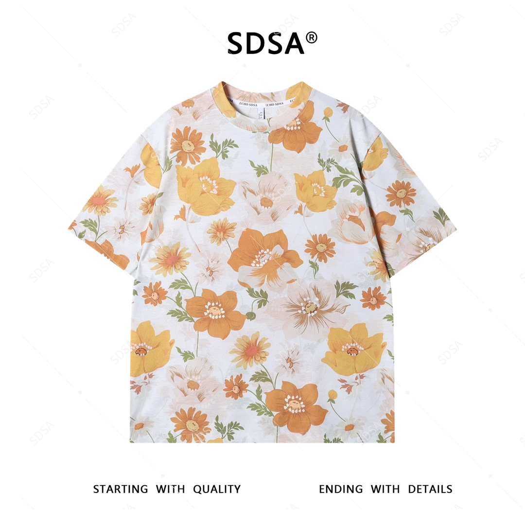 SDSA夏季新款男士痞帅简约撞色花朵圆领短袖T恤百搭时尚休闲上衣