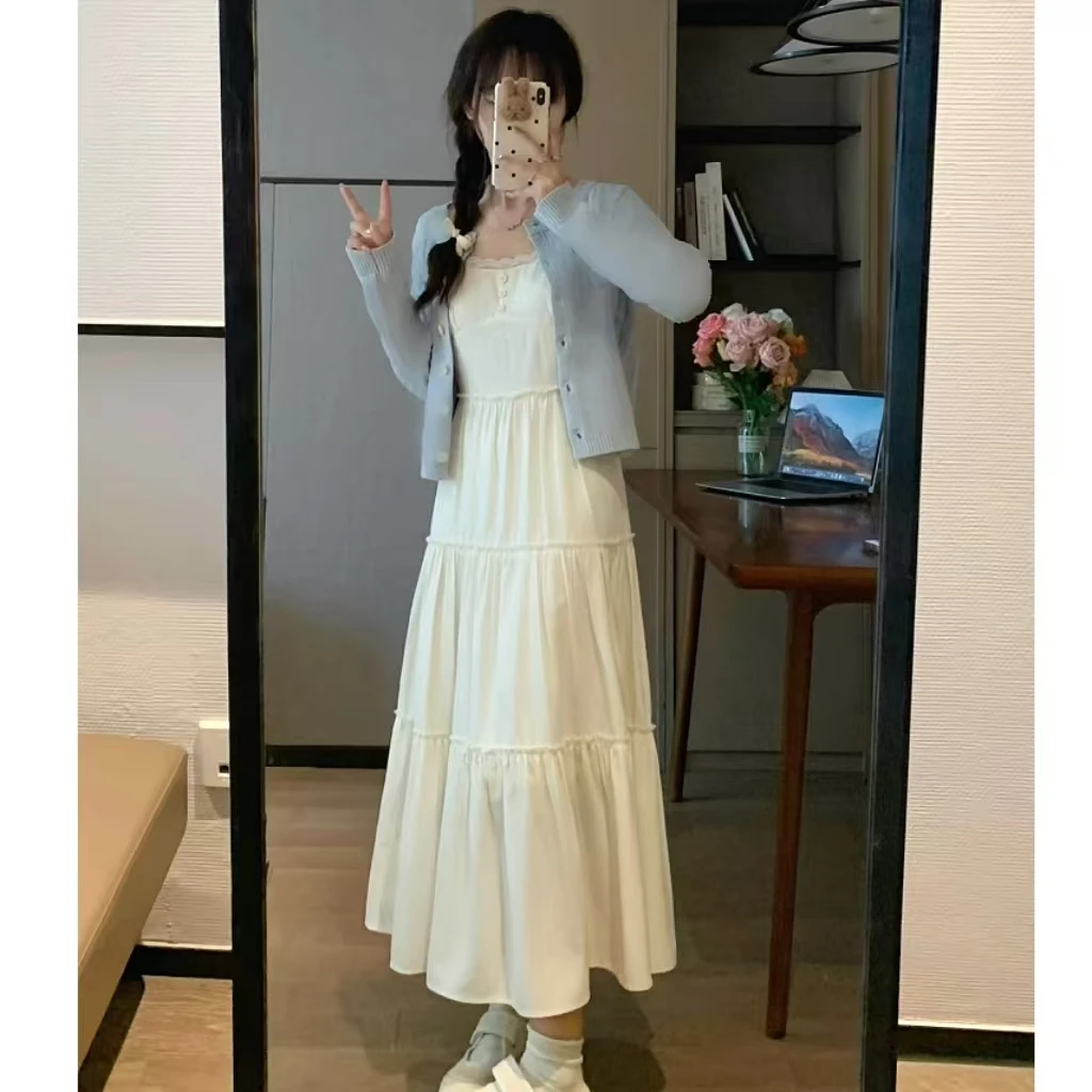 叮叮家【奶油白月光】高级感气质温柔收腰白色吊带连衣裙+外搭