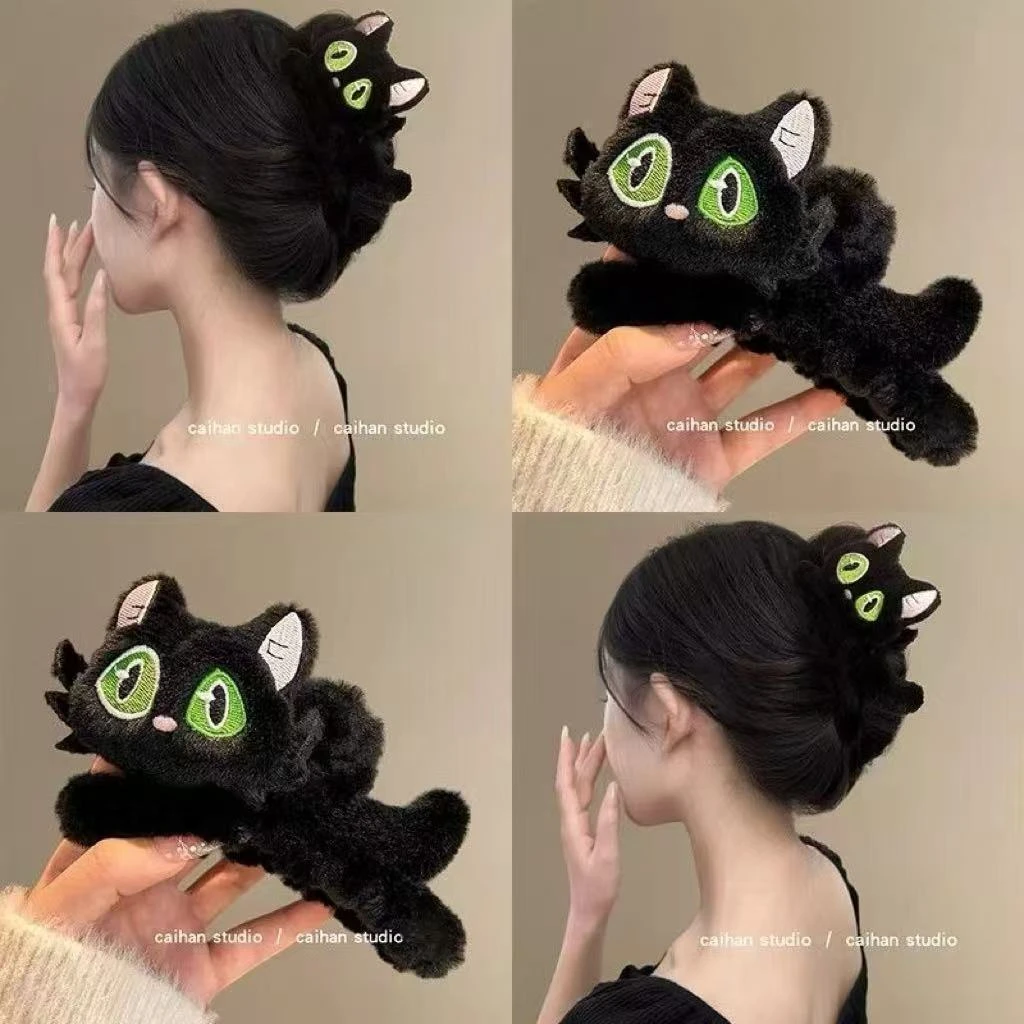 心软软~黑色异瞳猫咪抓夹女2025秋冬新款毛绒绒鲨鱼夹子旅行发夹