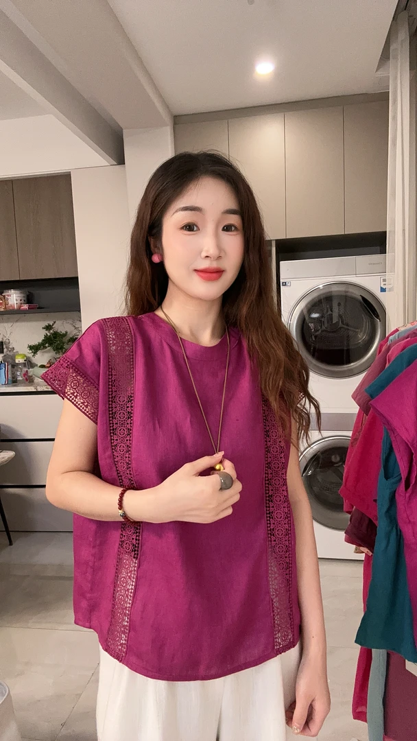 月月自制 100%亚麻圆领花边镂空刺绣衬衫后单排扣拼接蕾丝小飞袖