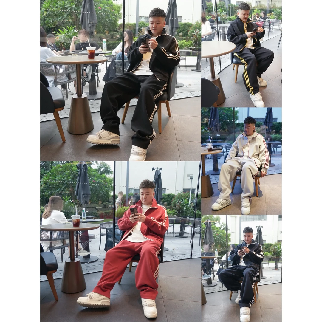 运动套装拼色杠条立领百搭宽松套装男女同款90251+2556