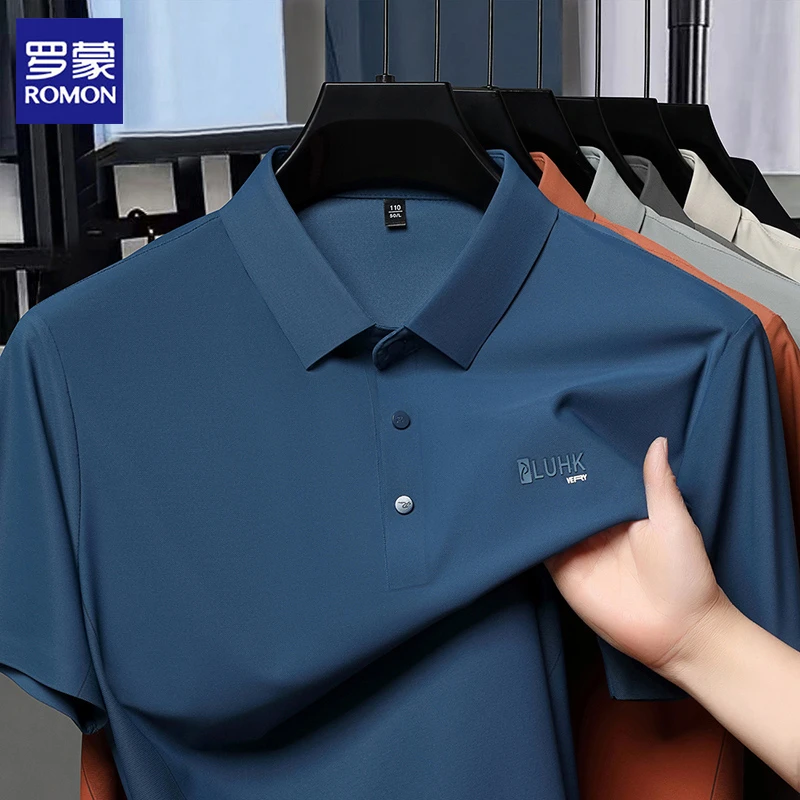 罗蒙中青年男短袖宽松基础大众夏季无痕冰丝休闲字母速干Polo衫