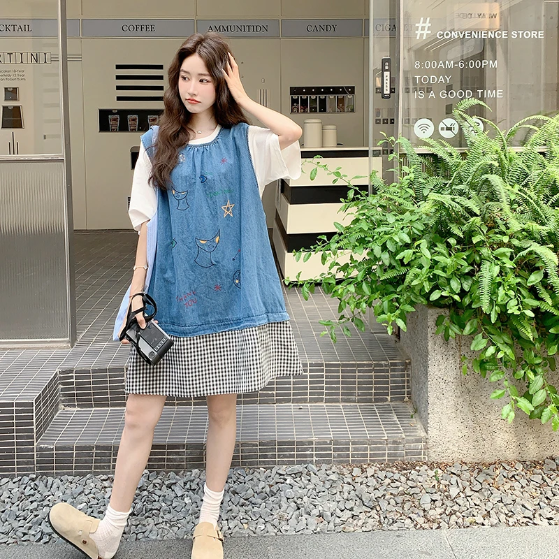 涂鸦印花牛仔背心裙套装女2025夏季新款百搭休闲T恤连衣裙两件套