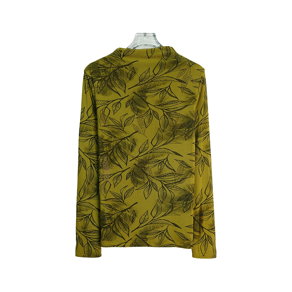 X3372【上新】加绒加厚烫钻秋叶黄树叶印花半高领打底长袖3D