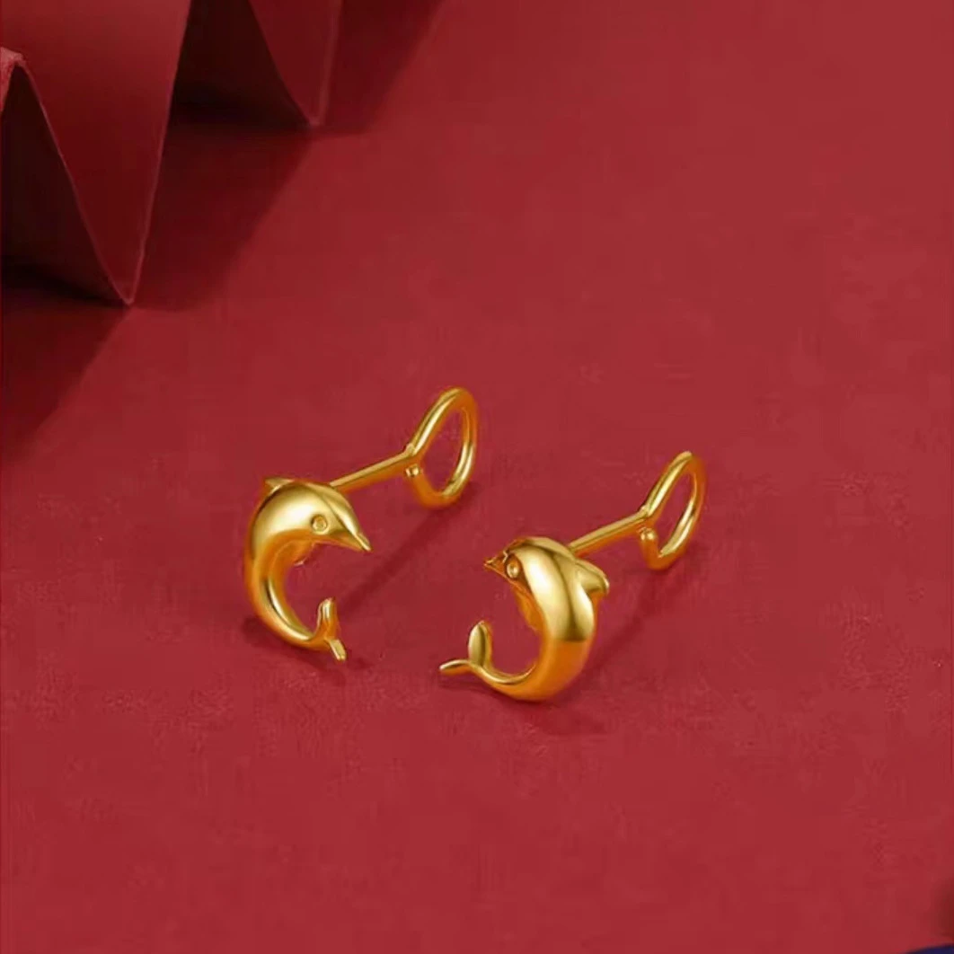 钛钢耳饰 海豚之恋耳钉小海豚小鱼耳骨钉女设计感耳饰弯钩9字针