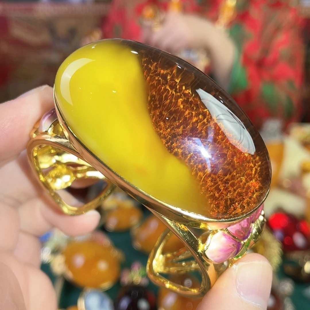 蜜蜡手镯银S925镀金镶嵌98克