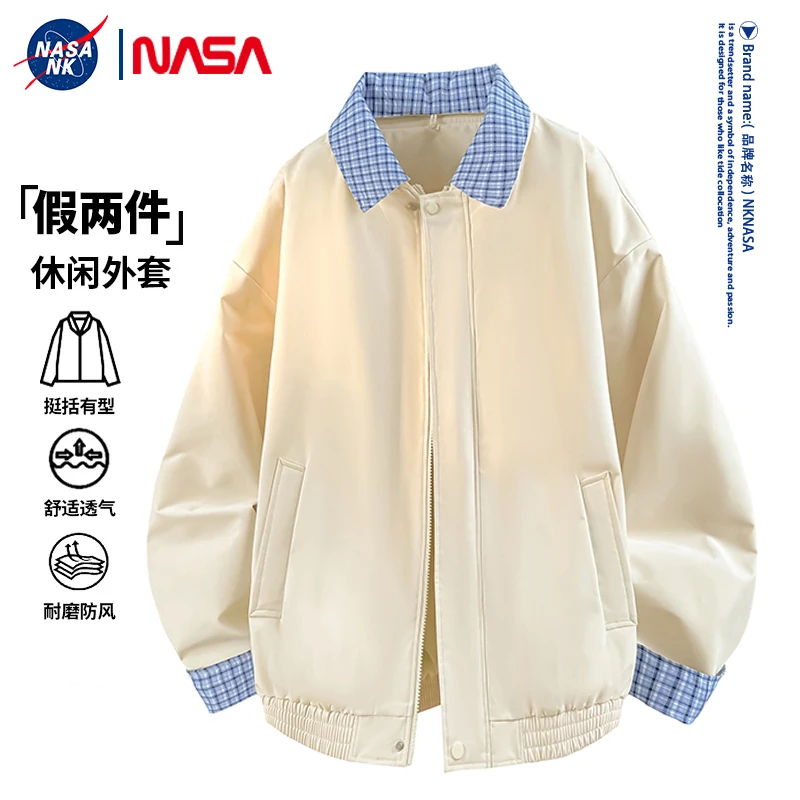 NASA联名格纹假两件夹克外套男士拼色立领青少年美式休闲防风上衣